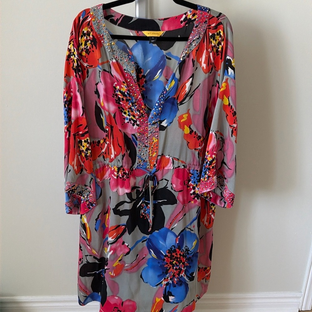 St. John silk blend floral tunic midi dress with rhinestone accents, size XL - Picture 2 of 12